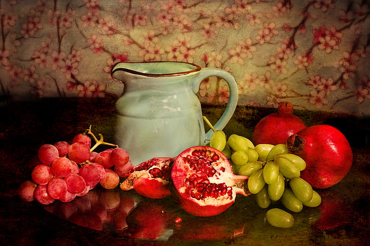 still-life photography of fruits and pitcher on table