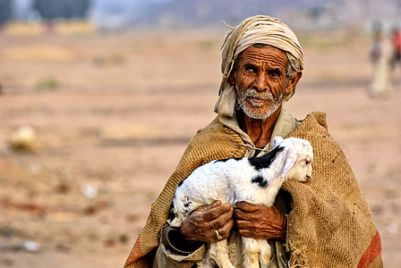 man holds white kid goat at daytime