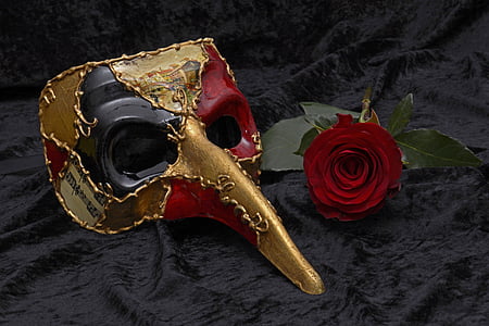 multicolored festival mask with red rose