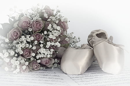 pair of white ballet shoes beside pink petaled flower