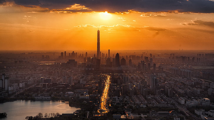 aerial photography of city skyline during sunset