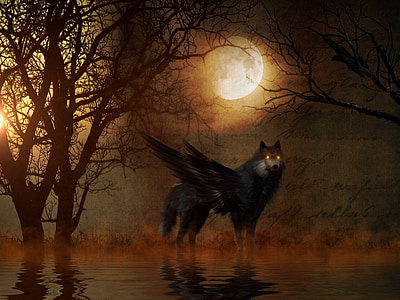 winged wolf in calm body of water during full moon painting