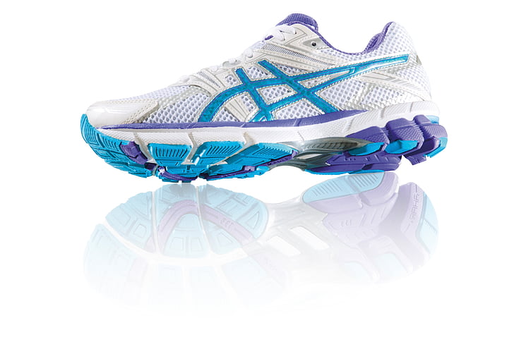 unpaired white, blue, and purple ASICS running shoe