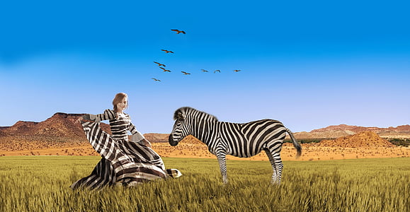woman wearing zebra print dress near zebra on green grass field