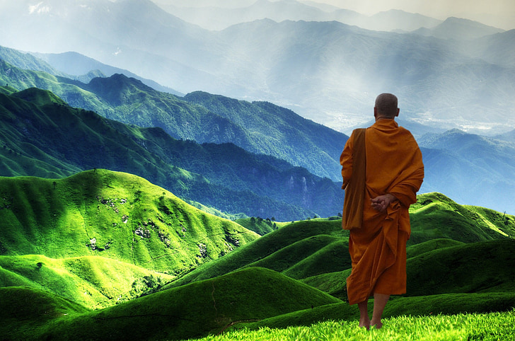 male monk standing on green mountain