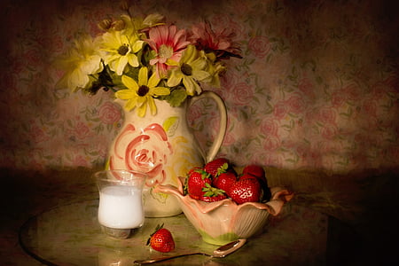 bunch of strawberries and flowers on bowl and vase painting