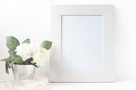 photo frame beside potted white flower