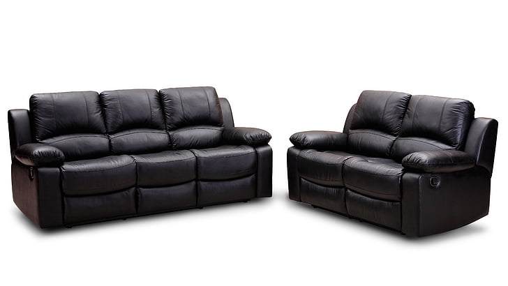 two black leather 2-seat and 3-seat sofas