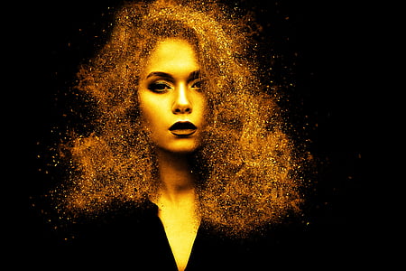 edited photo of woman wearing v-neck top and gold glitter hair