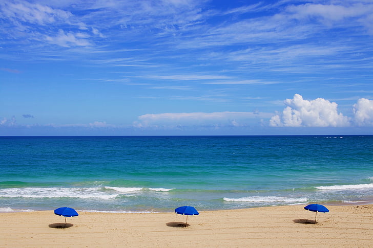 three blue beach umbrellas on seashore under clearsky during daytime