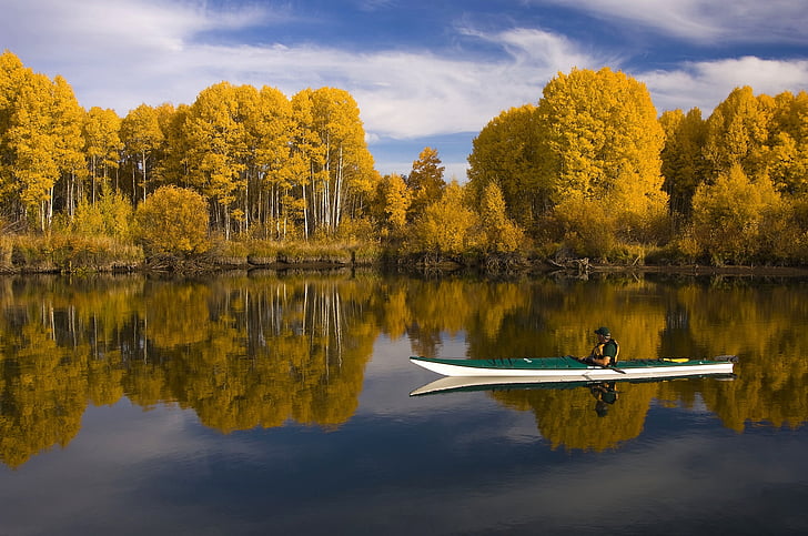 man riding kayak on lake surrounded by brown leafed trees during daytime