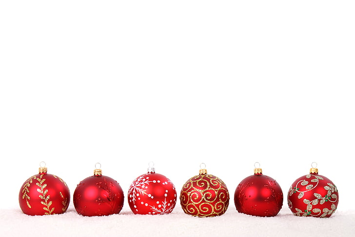 six red Christmas Baubles