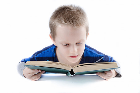 boy in blue and gray long-sleeved shirt reading book