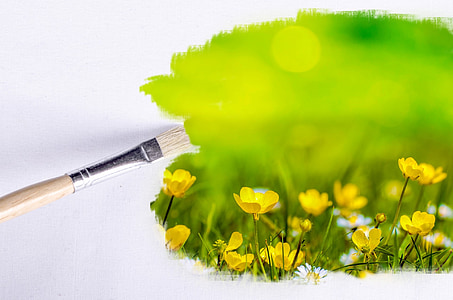 bed of yellow petaled flowers painting with paint brush