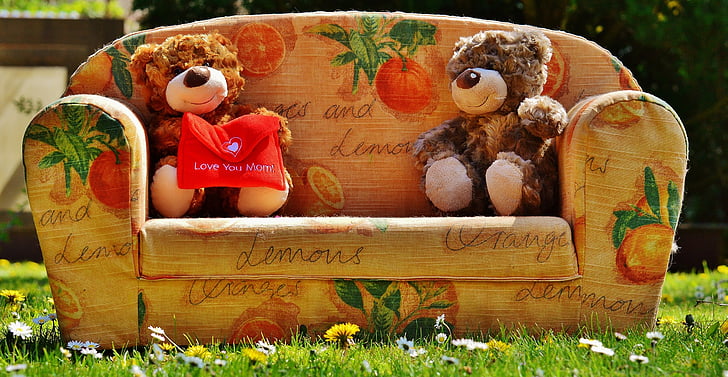 two brown bears plush toys sitting on sofa