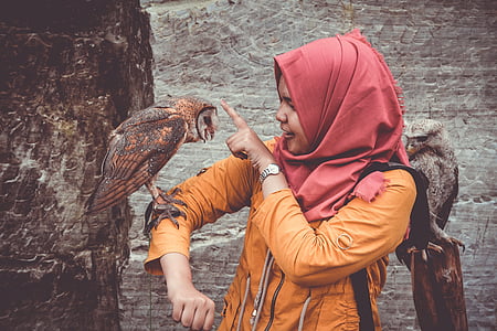 owl perching on woman's arm