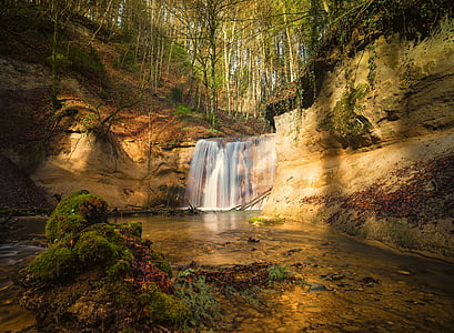 timelapse photography of waterfalls with green foliage trees