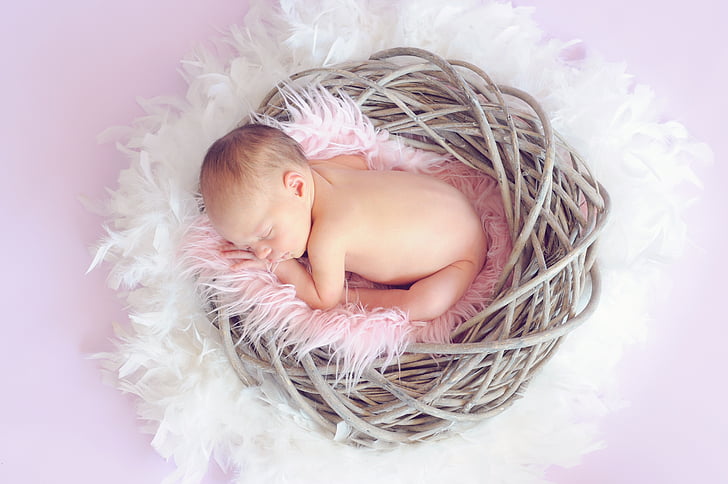 baby on pink nest sleeping