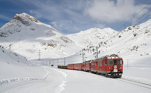red train on snow under blue sky