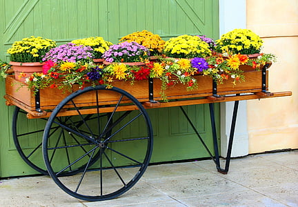 brown wooden carriage with flowers