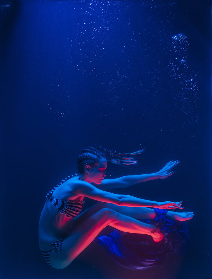 photo of woman in black-and-white bikini underwater