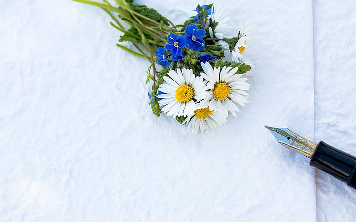 white daisy and blue commelineae flower bouquet