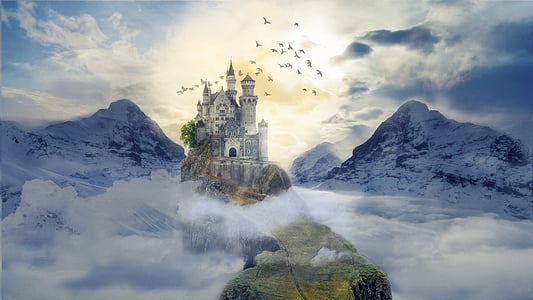castle on top of hill beside two glacier mountains under white clouds blue sky