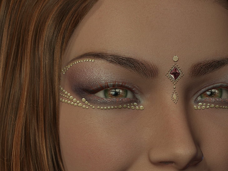 woman with rhinestone studded under her eyes