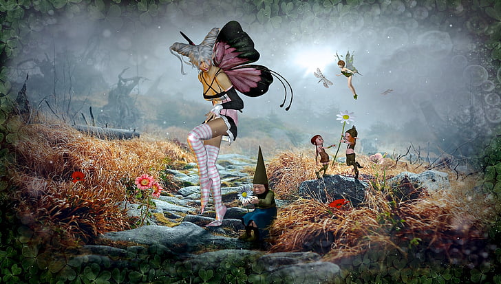 gnomes and fairy digital wallpaper