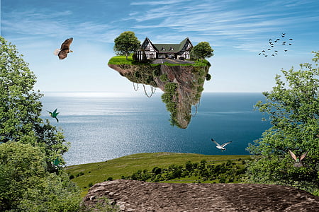 house on floating island under clear blue sky