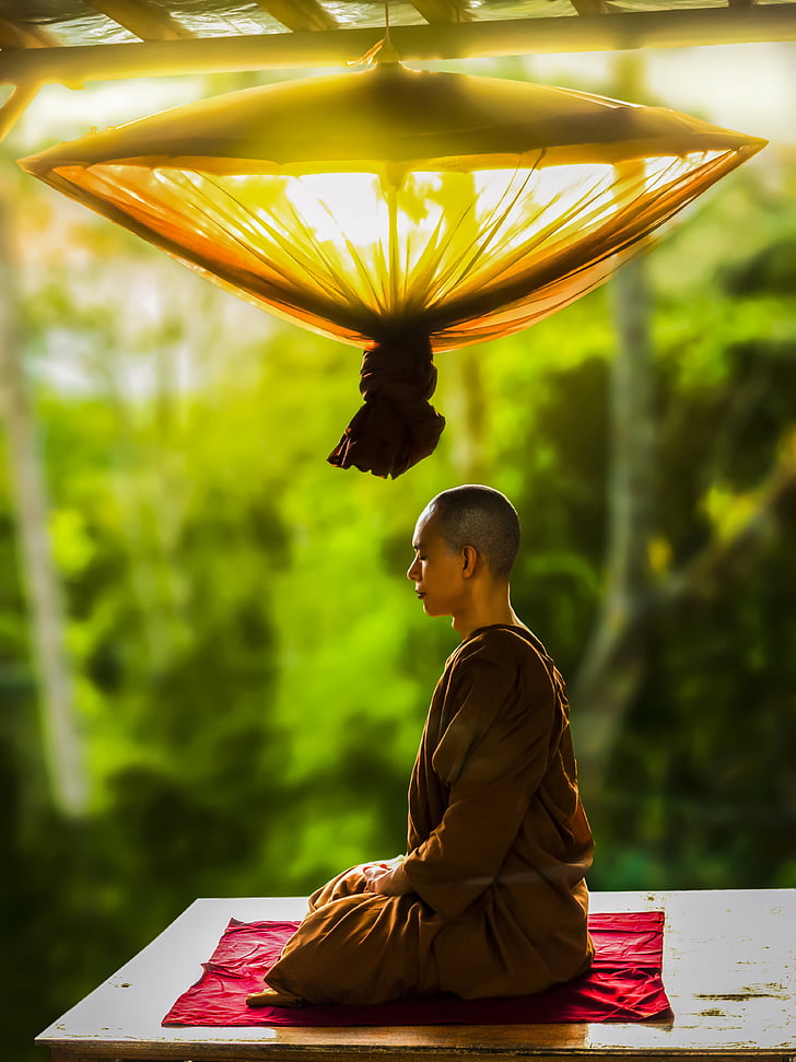 monk wearing brown robe meditating during day time