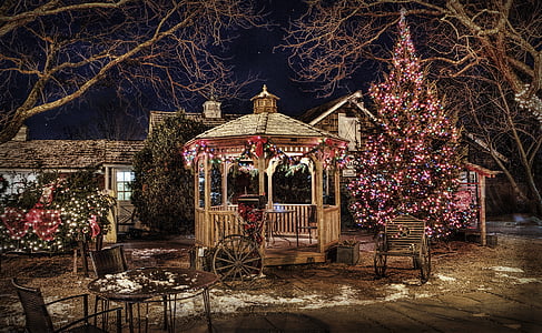 brown and gray wooden gazebo with string lights