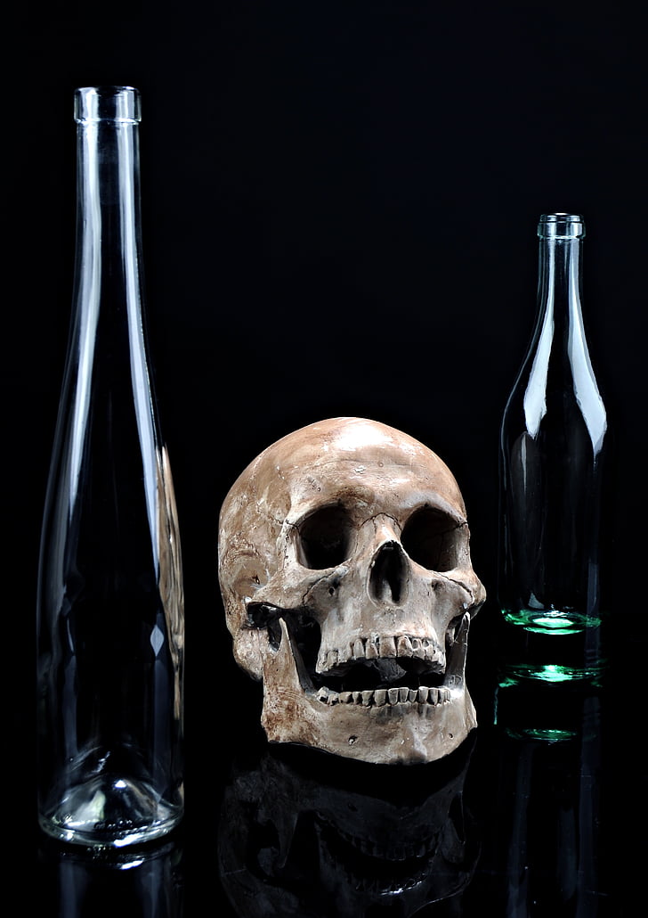 beige skull and two clear glass bottles