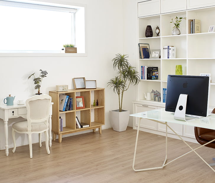 white wooden desk with chair