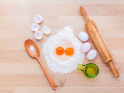 rolling pin, flour and eggs