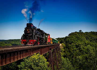 photo of black and white steam train on brown metal bridge taken at daytime
