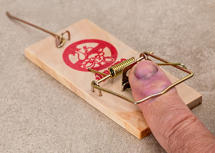 person hands on brown wooden mouse trap