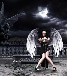 woman with wings holding sword sitting on bench digital wallpaper
