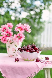 selective focus photography of bowl of cherries place on table