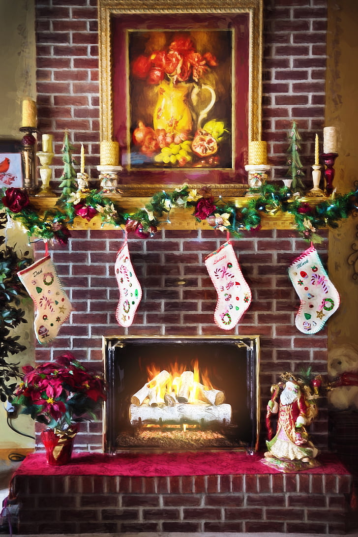 Christmas stockings hang on fireplace