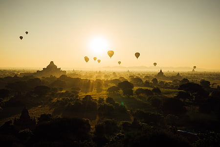 hot air balloons flying during sunset