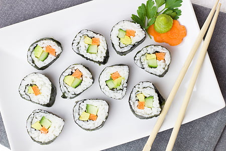 sushi rolls placed on white ceramic plate