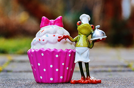 selective photo of frog beside pink cupcake