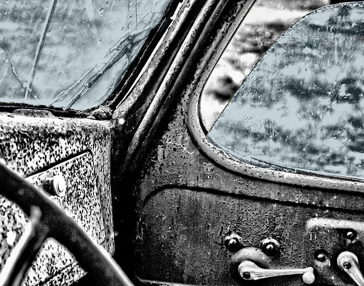 grayscale photography of car side door