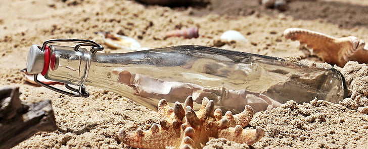 clear glass bottle on brown sand beside brown seashells