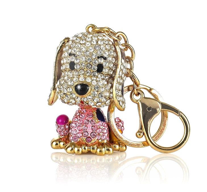 gold-colored clear and pink gemstone dog keychain