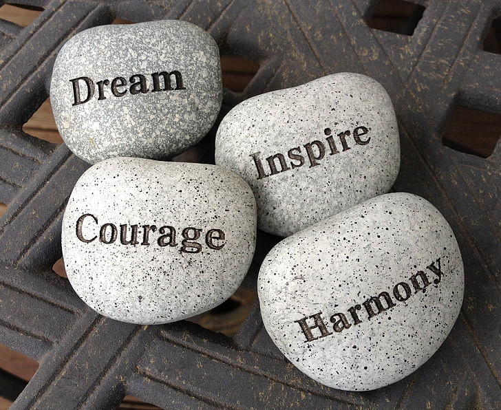 four gray Dream, Inspire, Courage, and Harmony stones