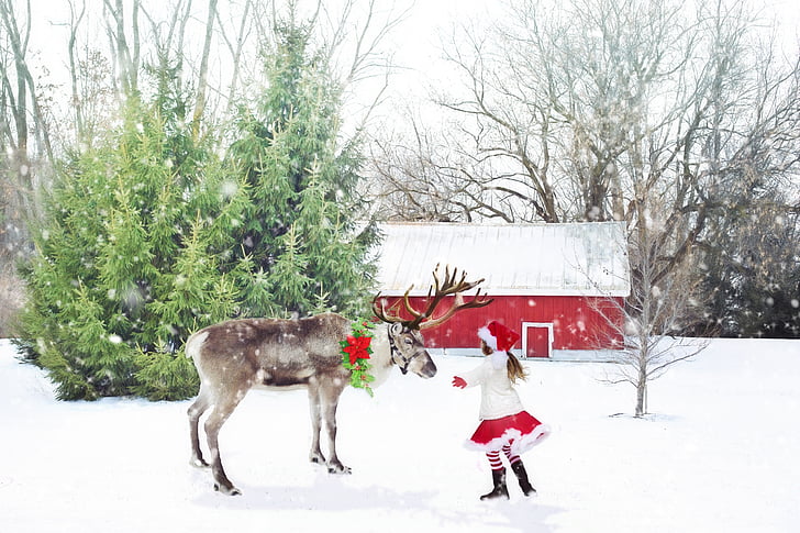 girl with white and red Santa costume on snow hugging reindeer