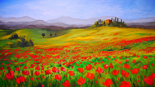 red petaled flower field painting